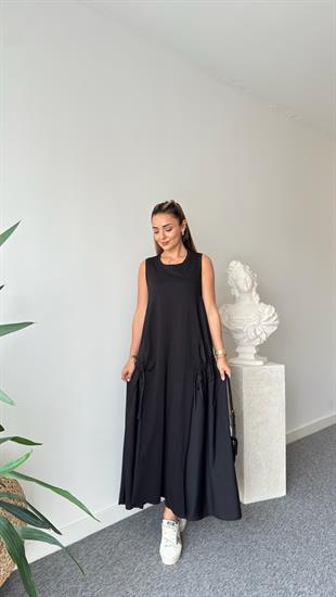 Marka Model Yanlar Poplin Salaş Siyah Elbise 