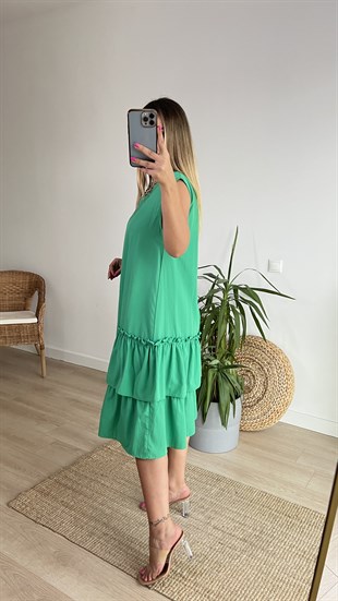 Kolsuz Fırfırlı Yeşil Poplin Elbise 