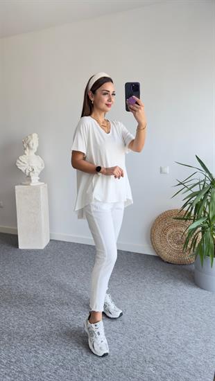 V Yaka Arkası Poplin Beyaz Tshirt