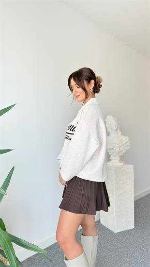 Ruzi Yaka Detaylı Yazılı Bej Sweatshirt