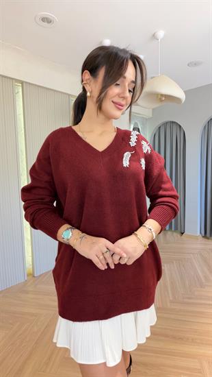Bordo Taş Detaylı V Yaka Kazak