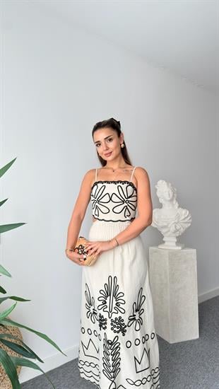 Roni Nakışlı Askılı Keten Elbise 