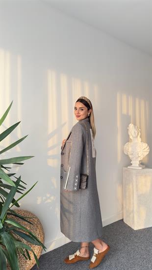 Astarı Baskılı Sırtı Yazılı Premium Gri Kaşe Kaban