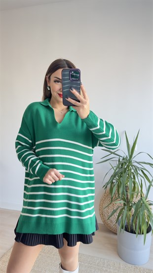 Polo Yaka İnce Çizgili Yeşil Triko