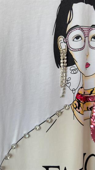 Taşlı Kız Baskılı Salaş Tshirt