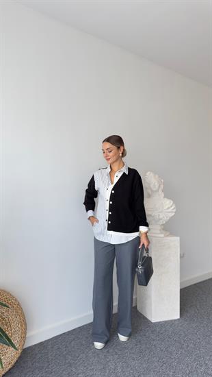 Siyah Triko Detaylı Gömlek