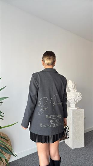 Copi Sırtı Taş Yazılı Gri Blazer Ceket