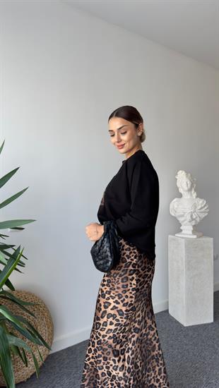 Ricar Kahve Leopar Desenli Etek Sweat Takım