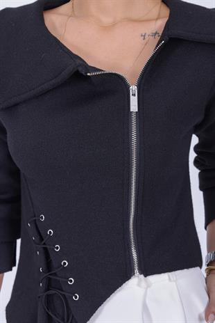 Siyah Bağcık Detaylı Triko Ceket