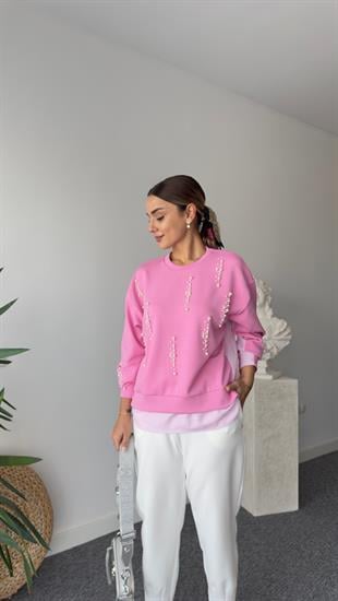 İnci Detaylı Sırt Poplin Pembe Modal Sweat