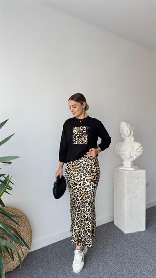 Ricar Sarı Leopar Desenli Etek Sweat Takım