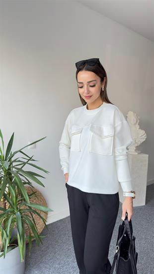 Orj Model Cepleri Taş Şeritli Modal Beyaz Sweat