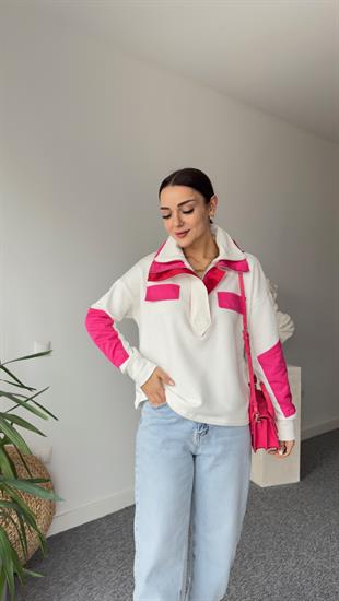 Çift Yaka Pembe Detaylı Tasarım Sweat