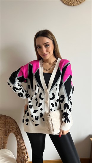 Fuşya Leopar Desenli Hırka	