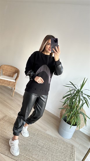 Deri Ve Zincir Detaylı Siyah Sweat