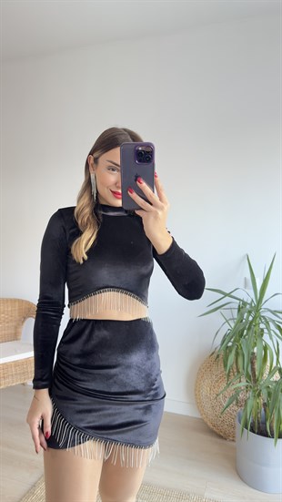 Taş Detaylı Kadife Bluz