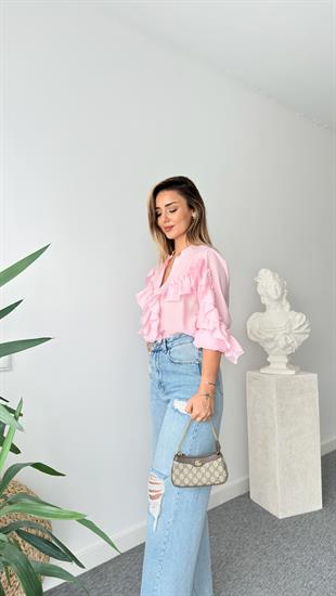 Pembe Fırfırlı Taş Detaylı Gömlek