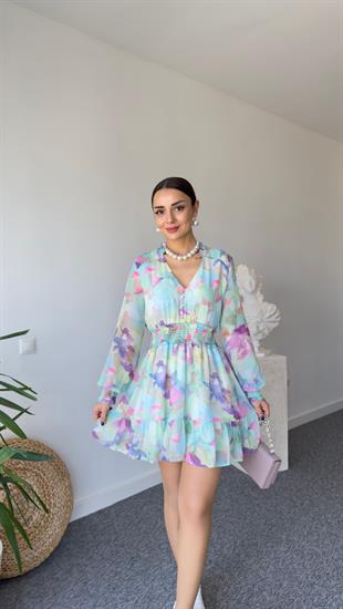 Parte Çok Renkli Bel Lastikli Şifon Elbise 