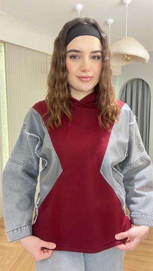 Bordo Kot Ve Deri Garnili Kapüşonlu Sweatshirt