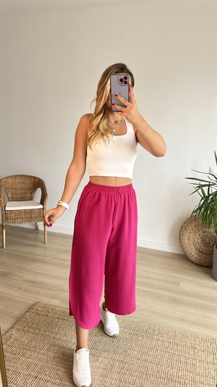 Yırtmaç Detaylı Pembe Keten Pantolon