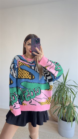 Renkli Desenli Tasarım Pembe Kazak