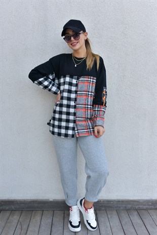 Ekose Garnili Siyah Sweatshirt