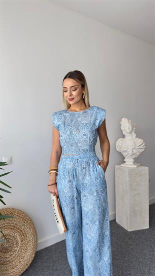 Mavi Şal Desen Vatkalı Bluz