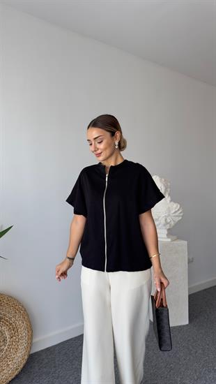 Ön Arka Kullanılabilir Fermuarlı Siyah Tshirt