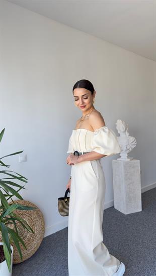 Riflet Kemerli Tasarım Bej Tulum