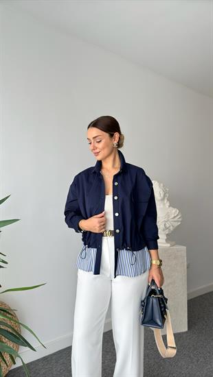 Sherina Çizgili Poplin Garnili Lacivert Ceket