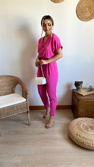 Beli Lastikli Pembe V Yaka Tulum