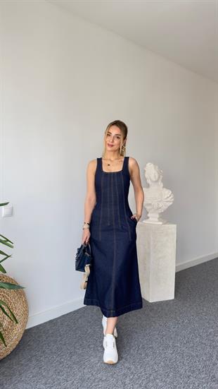 Siento Askılı Lacivert Denim Elbise