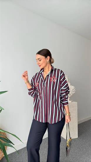 Bordo Çizgili Yıldız Taşlı Gömlek