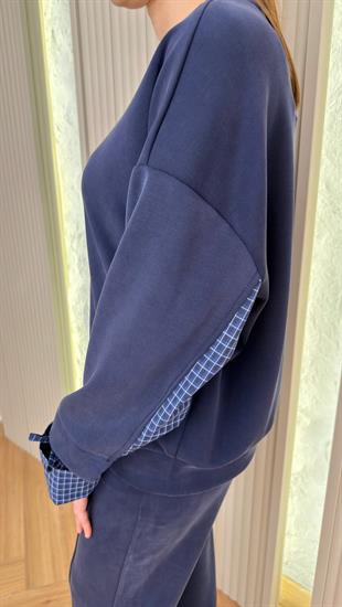 Lacivert Kolları Büzgü Ekose Detay Modal Takım