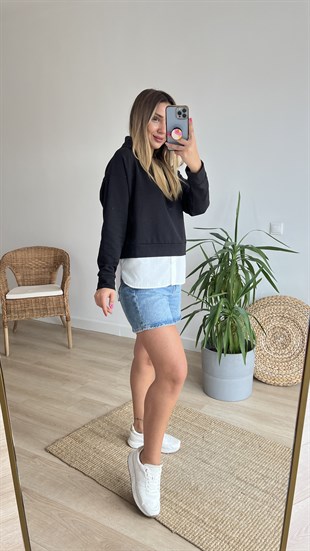 Gömlek Detaylı Siyah Kapüşonlu Sweat