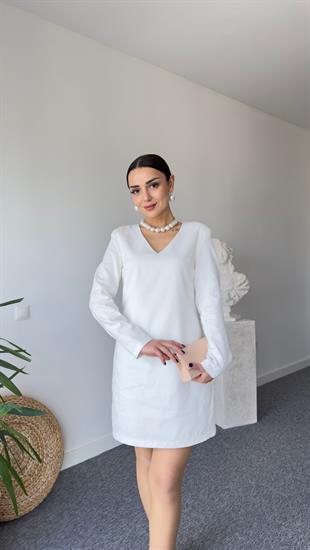 V Yaka Astarlı Beyaz Gabardin Elbise 