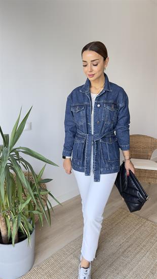 Kuşaklı Lacivert Jean Ceket