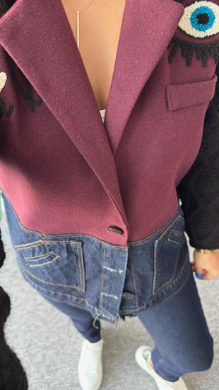 İthal Kollar Triko Detaylı İşlemeli Bordo Blazer Ceket