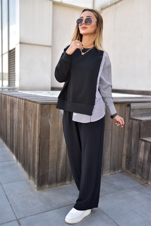 Gömlek Detaylı Siyah Sweatshirt