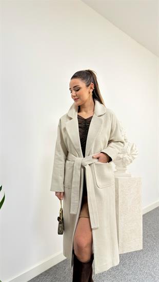 Bej Liche Kuşaklı Kaşe Kaban