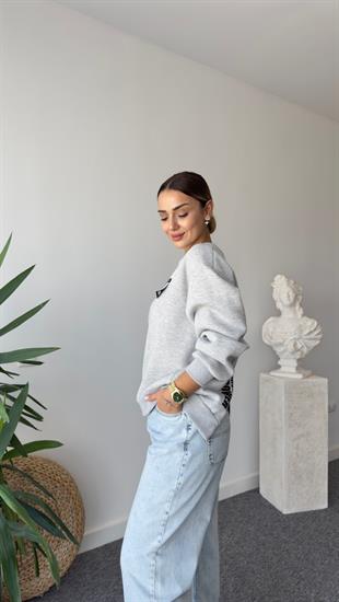 Berlin Fermuar Ve Yazı Detaylı Gri Sweatshirt