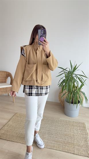 Ekose Detaylı Camel Ceket