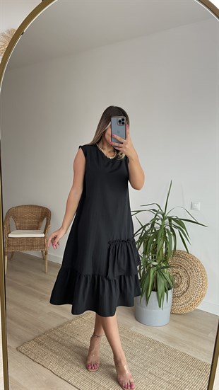 Kolsuz Fırfırlı Siyah Poplin Elbise 