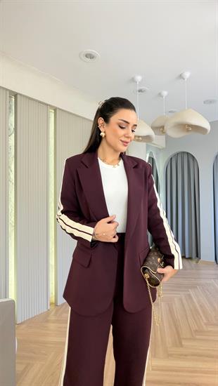 Bordo Materi Şerit Detaylı Ceket Pantolon Takım