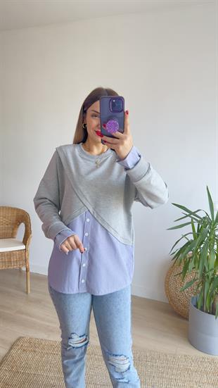 Çapraz Poplin Detay Gri Sweat