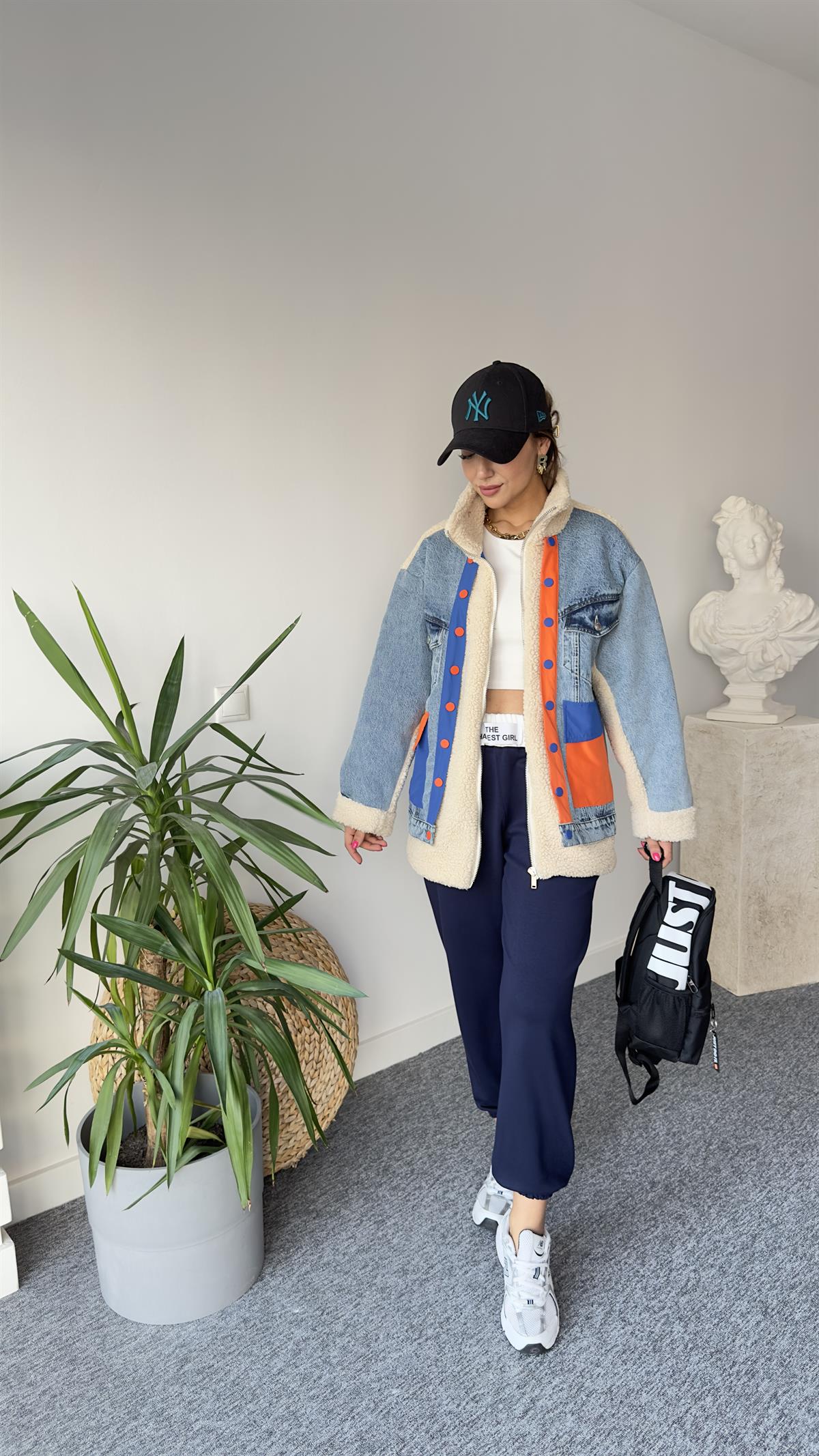 Denim Mix Turuncu Detay Peluş Mont 