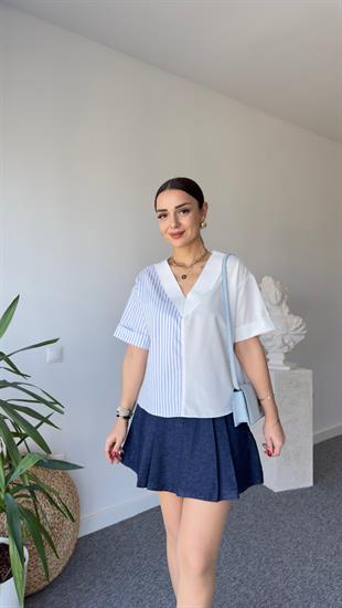 Mavi Çizgili Beyaz Ribana V Yaka Tshirt
