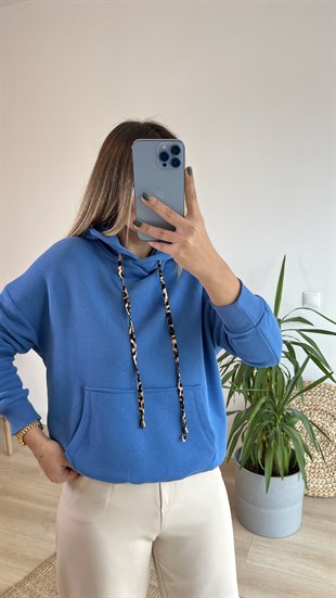 Sırtı Leopar Detay Kapüşonlu Mavi Sweatshirt