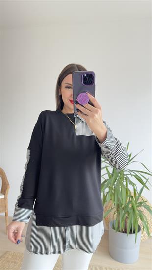 Gömlek Garnili Siyah Sweat