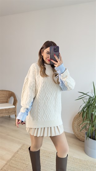 Kolları Gömlek Detaylı Ekru Tunik  Kazak